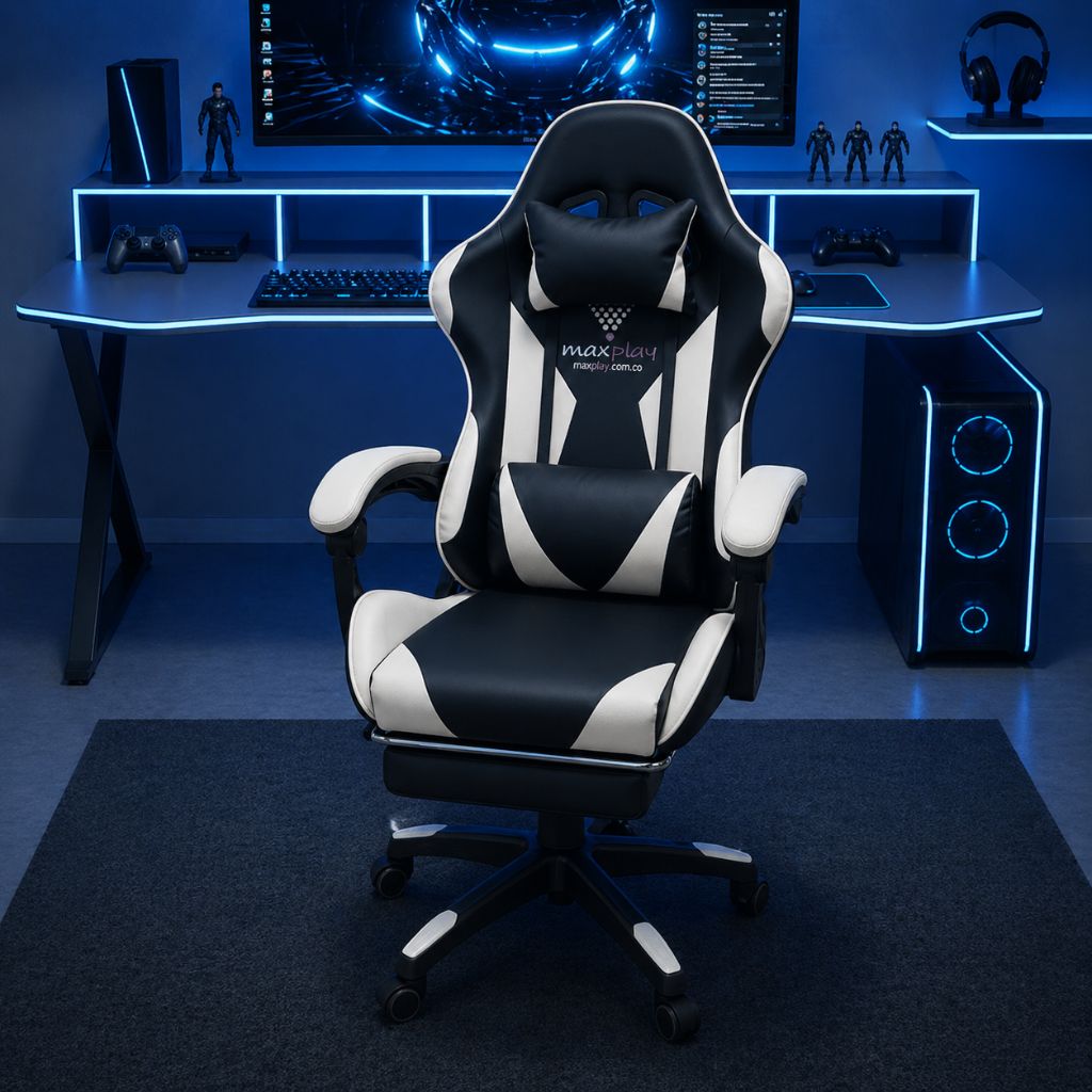 SILLA GAMER RECLINABLE CON MASAJEADOR LUMBAR Y REPOSA PIES