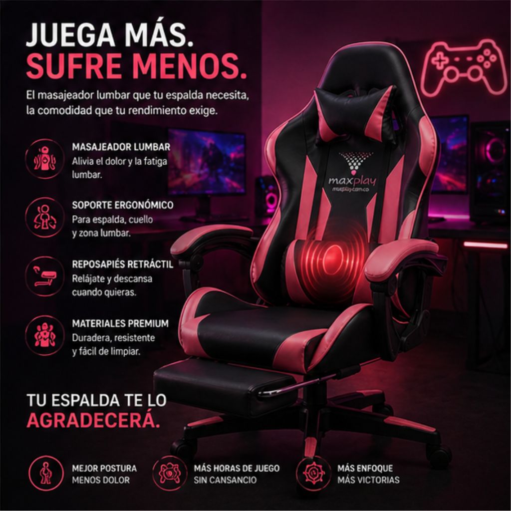 SILLA GAMER RECLINABLE CON  MASAJEADOR LUMBAR Y REPOSA PIES