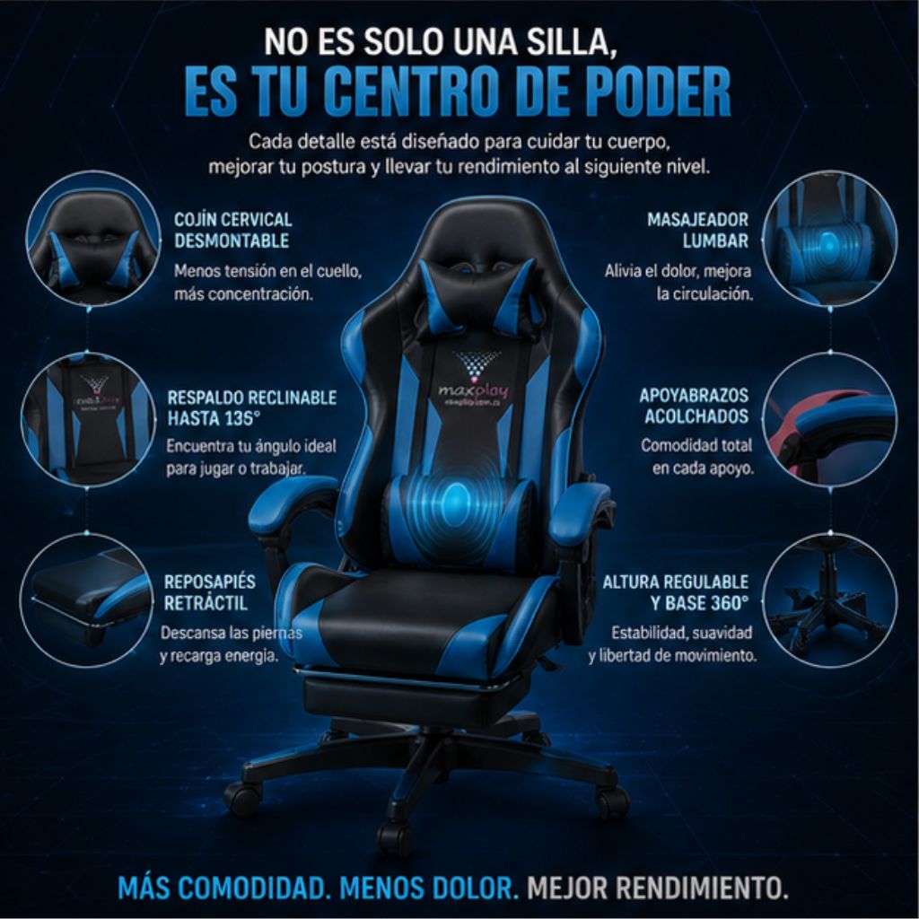 SILLA GAMER RECLINABLE CON  MASAJEADOR LUMBAR Y REPOSA PIES