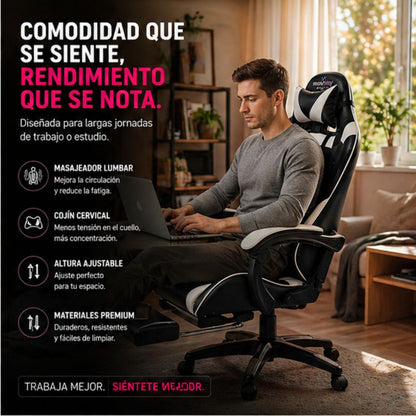SILLA GAMER RECLINABLE CON  MASAJEADOR LUMBAR Y REPOSA PIES